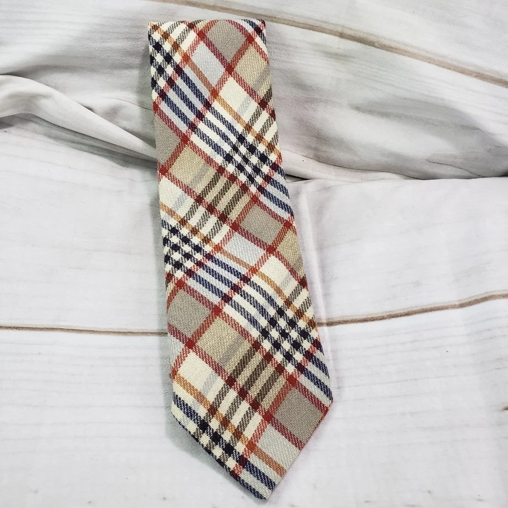 🌞SOLD🌞Vintage Rooster Ruffler Collection Plaid Wool Tie Necktie Red Blue Beige - Picture 8 of 8